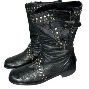Jimmy Choo Studded Leather Boots Rabbit Fur Lines 40.5